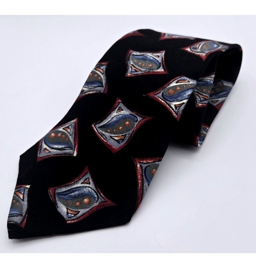 Halston III Silk Necktie OS Geometric Diamond Abstract Print Black Red Blue Tie
